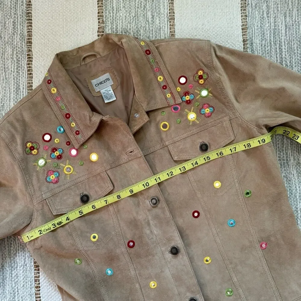 Chico’s Tan 100% Genuine Leather Embellished Embroidered Boho Jacket Women’s M - Picture 6 of 8